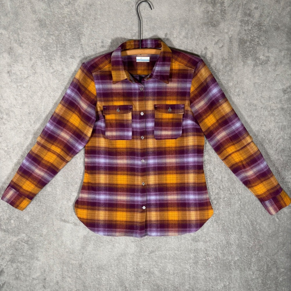 Columbia Womens Plaid Flannel Button Down Shirt Purple Orange AK2320 Size Small